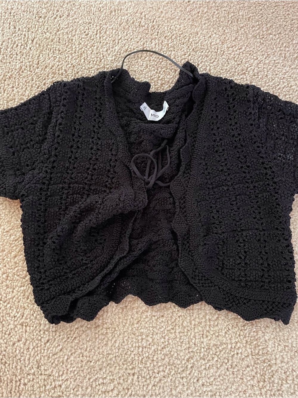 Mango Black Crocheted Short crop Cardigan with Tie size S